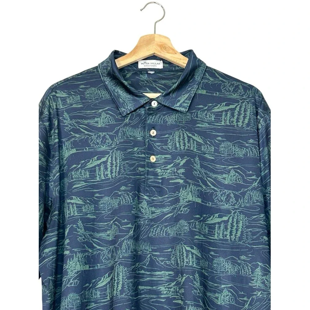 Peter Millar Summer Comfort Golf Polo Shirt Mens 2XL XXL Navy Green Scenic Print